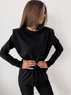 SELINA - BAWEŁNIANA BLUZA Z PODUSZKAMI NA RAMIONACH CZARNA
