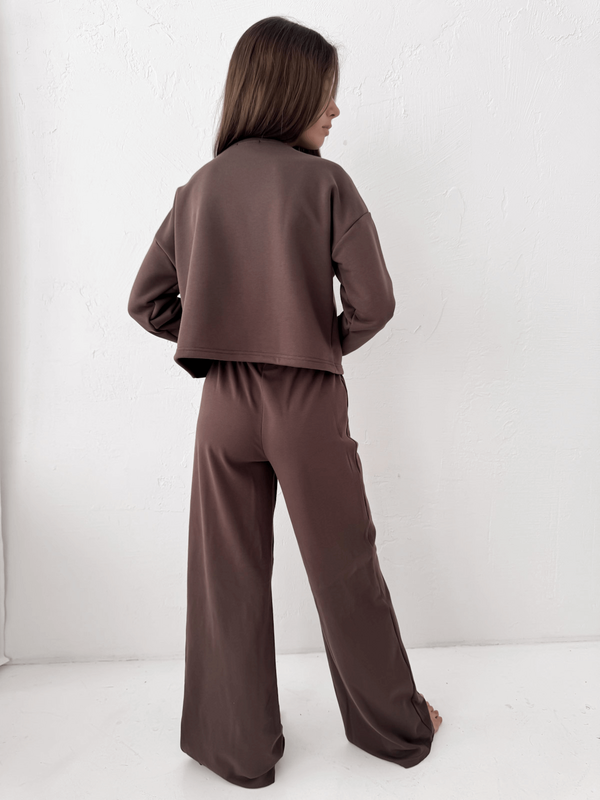 MELIA - BAWEŁNIANE SPODNIE TYPU WIDE LEG CZEKOLADOWE
