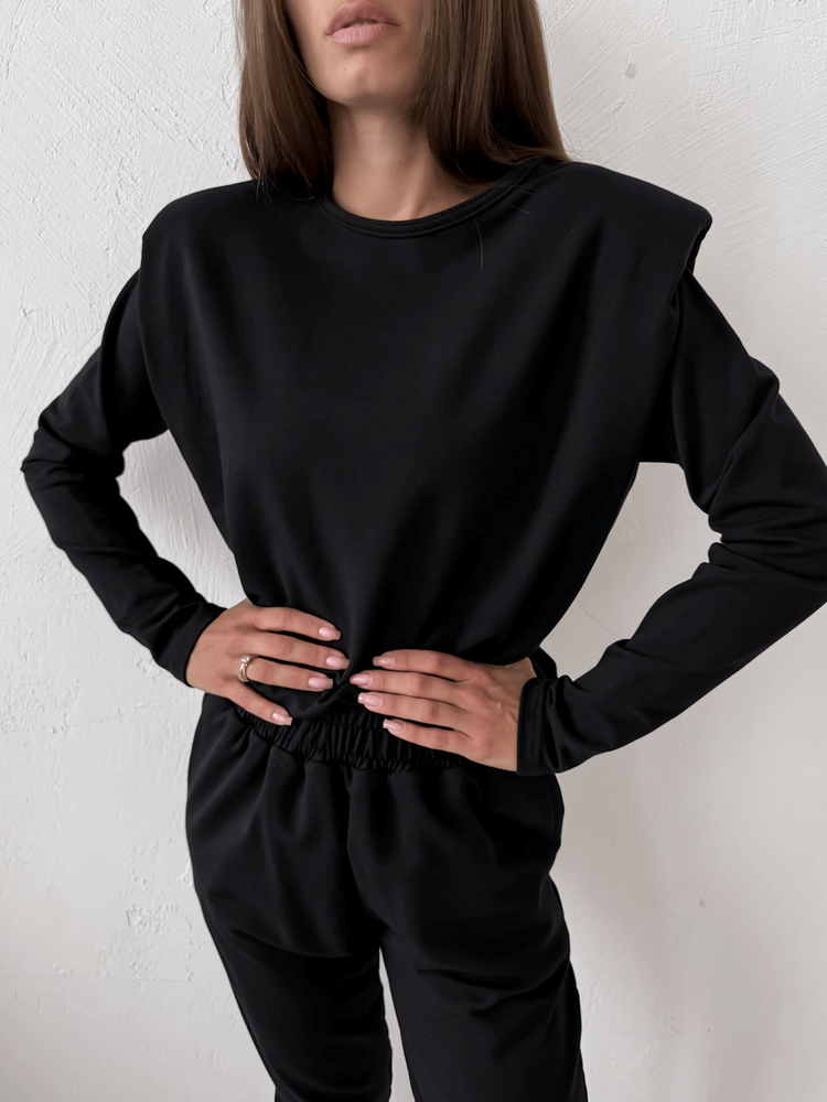 SELINA - BAWEŁNIANA BLUZA Z PODUSZKAMI NA RAMIONACH CZARNA